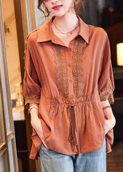 Women Orange Peter Pan Collar Lace Patchwork Drawstring Tie Waist Button Shirt Batwing Sleeve