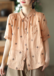 Women Orange Peter Pan Collar Linen Shirt Top Short Sleeve