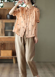Women Orange Peter Pan Collar Linen Shirt Top Short Sleeve