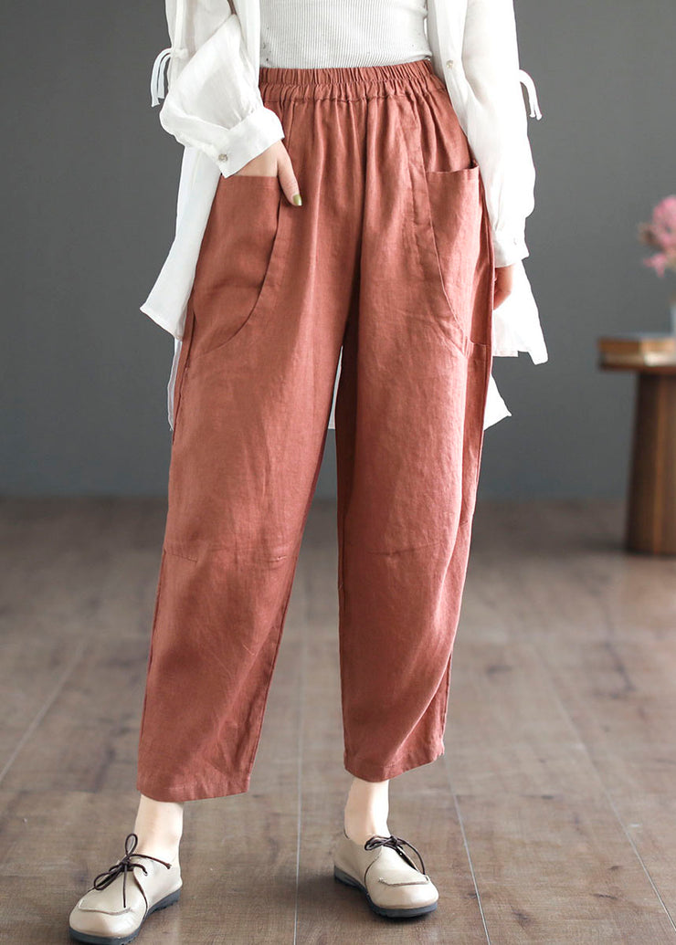 Women Orange Pockets Elastic Waist Patchwork Linen Crop Pants Summer