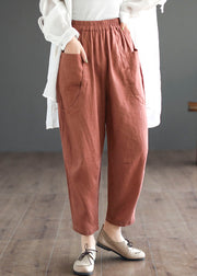Women Orange Pockets Elastic Waist Patchwork Linen Crop Pants Summer