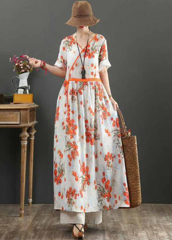 Women Orange Print Tie Waist Exra Large Hem Cotton Dresses Summer