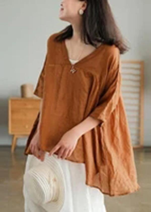 Women Orange Ramie Lace-up Pure Color Irregular Casual T-shirt - SooLinen