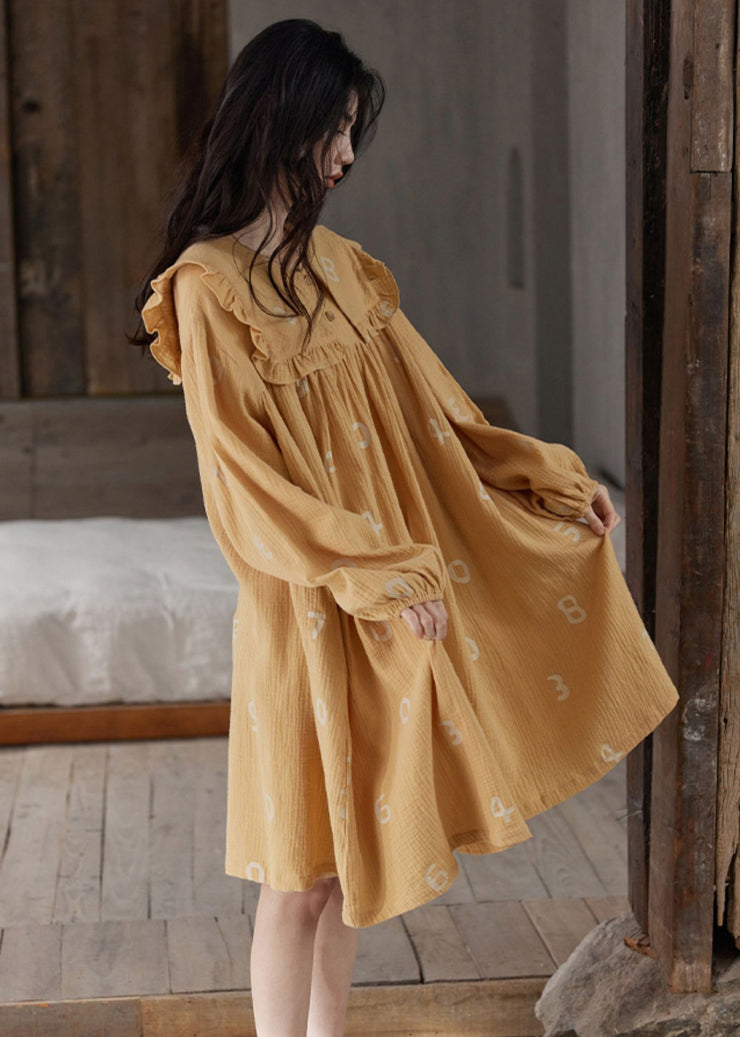 Women Orange Ruffled Print Cozy Cotton Maxi Dress Long Sleeve