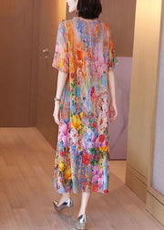 Women Orange Ruffled Print Silk Beach Dress Summer
