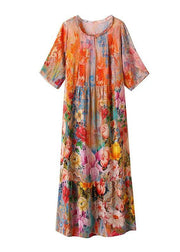 Women Orange Ruffled Print Silk Beach Dress Summer