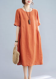 Women Orange Solid O-Neck Linen Dresses Short Sleeve