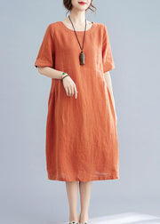 Frauen Orange Solid O-Neck Leinenkleider Kurzarm