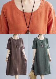 Women Orange Solid O-Neck Linen Dresses Short Sleeve