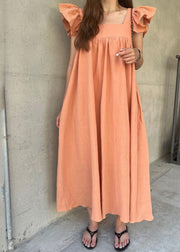 Women Orange Square Collar Oversized Cotton A Line Dresses Butterfly Sleeve