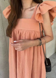 Women Orange Square Collar Oversized Cotton A Line Dresses Butterfly Sleeve