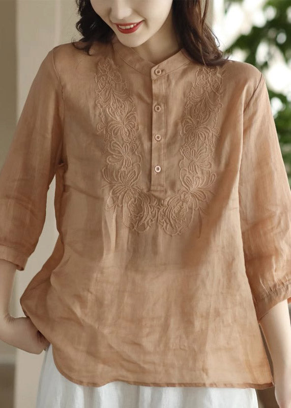 Women Orange Stand Collar Embroidered Floral Shirt Long Sleeve