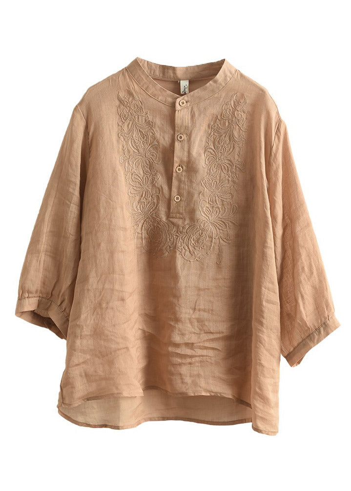 Women Orange Stand Collar Embroidered Floral Shirt Long Sleeve