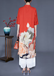 Women Orange Stand Collar Print Side Open Silk Women Sets 2 Pieces Half Sleeve