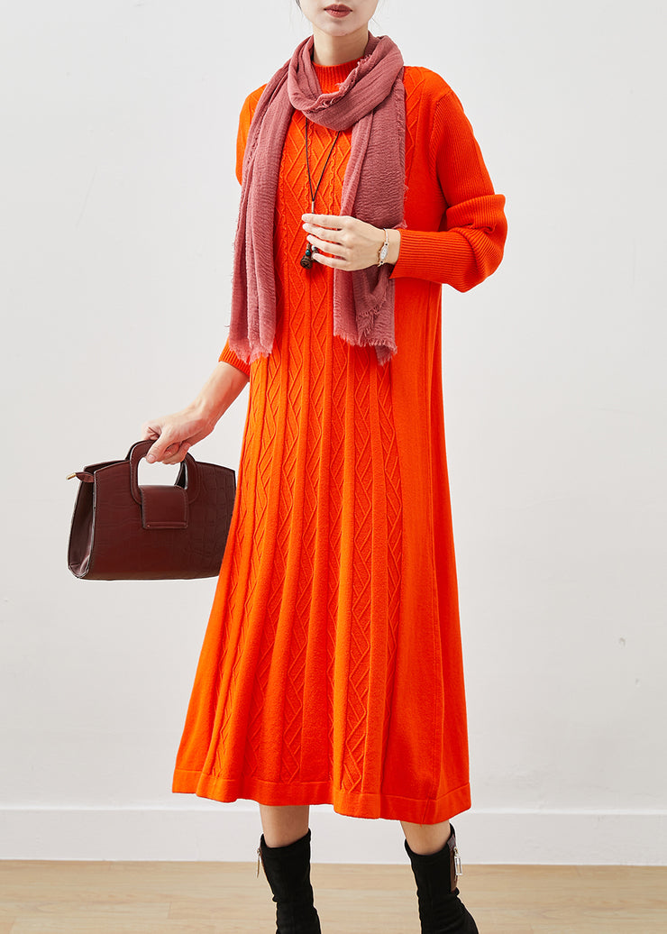 Women Orange Stand Collar Wrinkled Knit Dress Winter