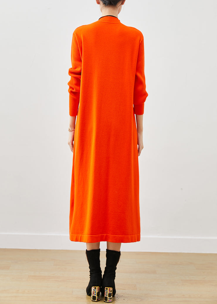 Women Orange Stand Collar Wrinkled Knit Dress Winter