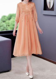 Women Orange Tasseled Embroidered Patchwork Silk Dress Half Sleeve
