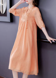 Women Orange Tasseled Embroidered Patchwork Silk Dress Half Sleeve