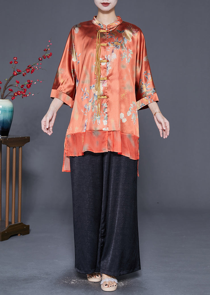 Women Orange Tasseled Patchwork Silk 2 Piece Outfit Fall