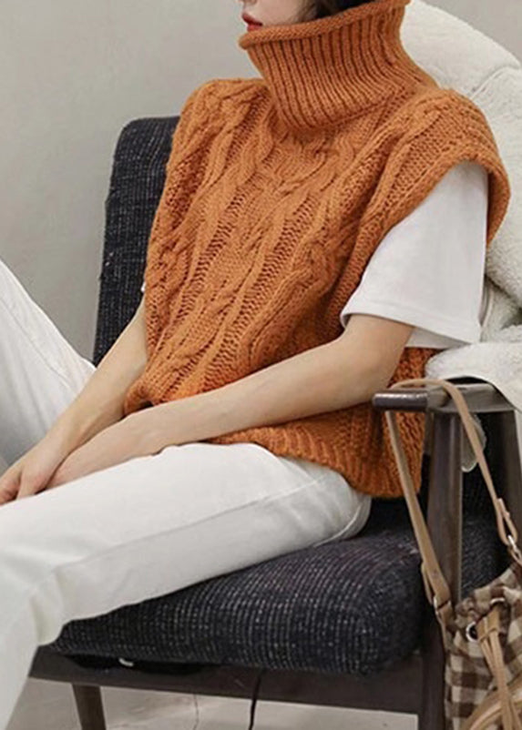 Women Orange Turtleneck Knit Cardigans Short Sleeve