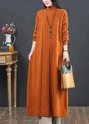 Women Orange Turtleneck Patchwork Knit Dresses Winter