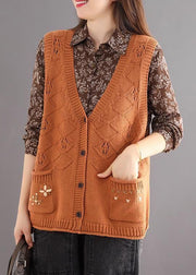 Women Orange V Neck Button Pockets Cotton Knit Waistcoat Sleeveless
