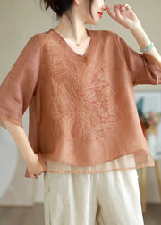 Women Orange V Neck Embroidered Organza Patchwork Linen Tops Summer