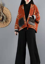 Frauen Orange V-Ausschnitt Feine Baumwolle Gefüllte Winteroberbekleidung