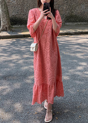 Women Orange V Neck Lace Patchwork Hollow Out Cotton Long Dresses Summer
