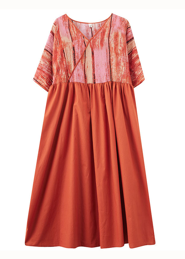 Women Orange V Neck Print Patchwork Cotton Loose Dresses Summer