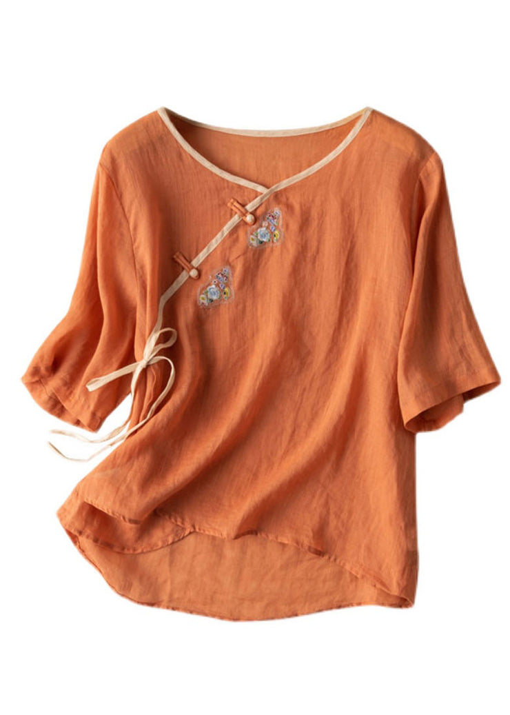 Women Orange V Neck tie waist Embroidered Linen Shirt Top Spring