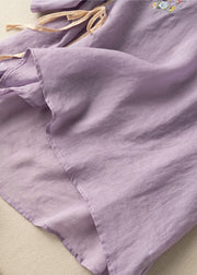Women Orange V Neck tie waist Embroidered Linen Shirt Top Spring