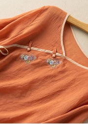 Frauen Orange V-Ausschnitt Krawatte Taille Besticktes Leinenhemd Top Frühling