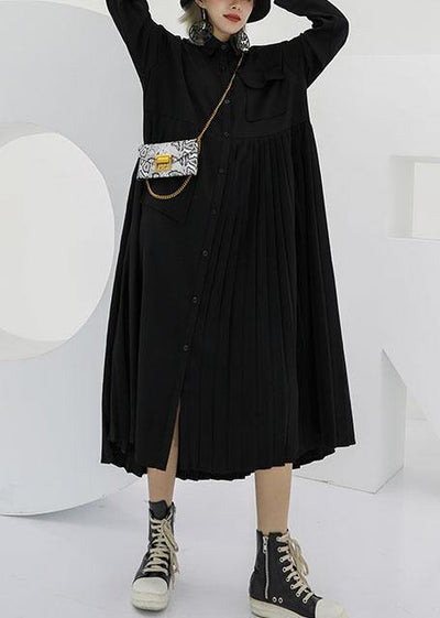 Women POLO collar cotton clothes For Women black long shirt Dress - SooLinen