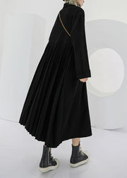 Women POLO collar cotton clothes For Women black long shirt Dress - SooLinen