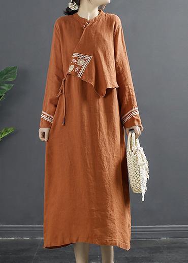 Women Patchwork Clothes Tutorials Orange Embroidery Robes Dress - SooLinen