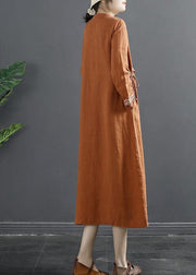 Women Patchwork Clothes Tutorials Orange Embroidery Robes Dress - SooLinen