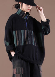 Women Patchwork Spring Handmade Tunics For Black Tops - SooLinen