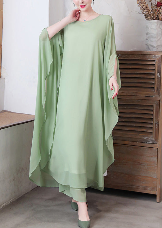 Women Pea Green Asymmetrical Solid Chiffon Long Dress And Wide Leg Pants Two Pieces Set Spring