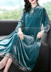 Women Peacock Blue Ruffled Embroidered Patchwork Silk Velour Dress Spring
