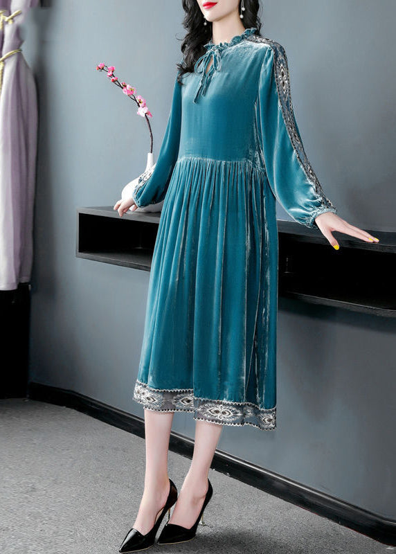 Women Peacock Blue Ruffled Embroidered Patchwork Silk Velour Dress Spring