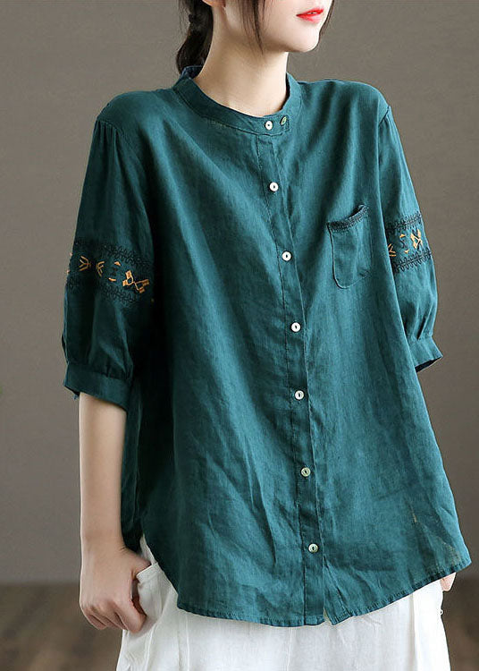 Women Peacock blue Embroidered Patchwork Tops Half Sleeve
