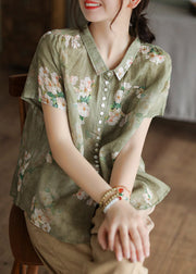 Women Peter Pan Collar Black geometry Button Low High Design Linen Shirts Short Sleeve