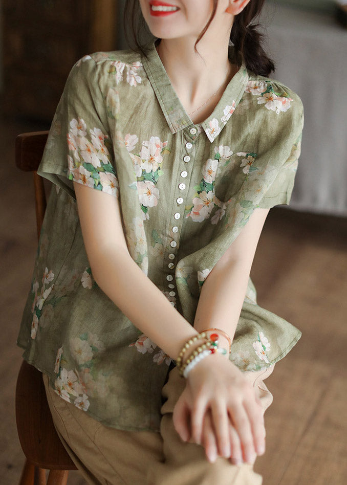 Women Peter Pan Collar Print Button Low High Design Linen Shirts Short Sleeve