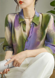 Women Peter Pan Collar Print Button Silk Shirt Long Sleeve