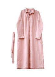 Women Peter pan Collar tie waist Plus Size outfit pink Knee coats - SooLinen