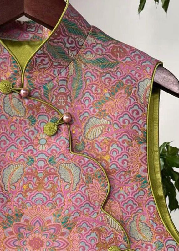 Women Pink Asymmetrical Button Print Cotton Waistcoat Sleeveless