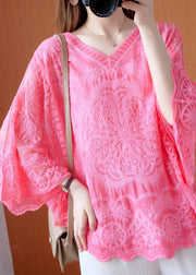 Women Pink Asymmetrical Design Summer Lace Top - SooLinen