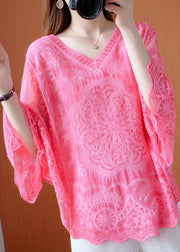 Women Pink Asymmetrical Design Summer Lace Top - SooLinen