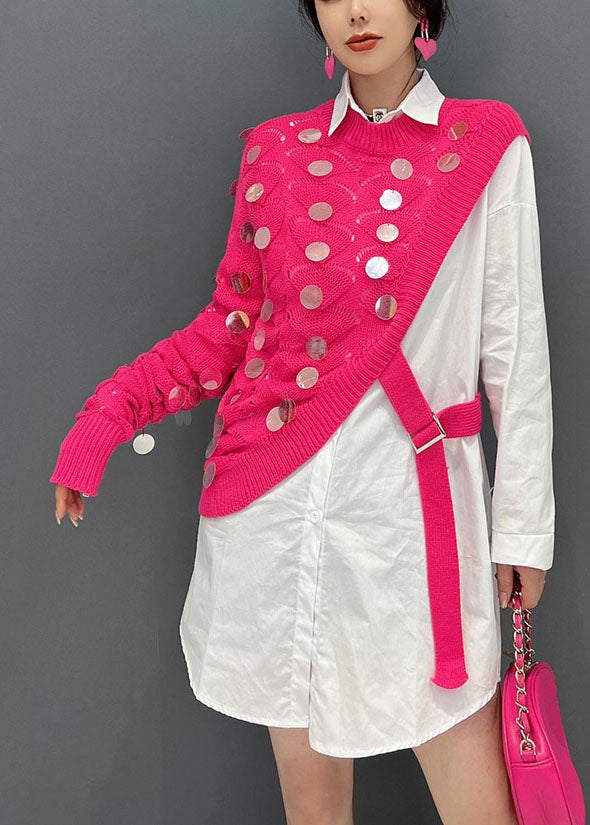 Women Pink Asymmetrical Design Vests Cotton Shirt Two Piece Outfit Winter